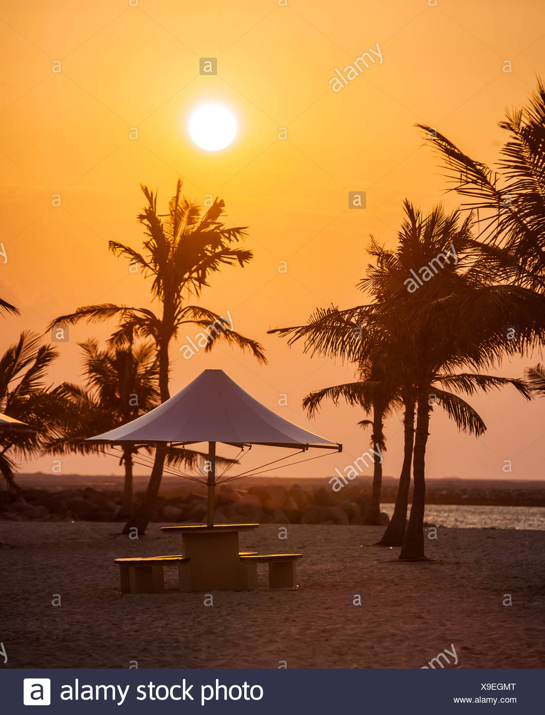 Sunset At Mamzar Beach Park Dubai Uae Stock Photo