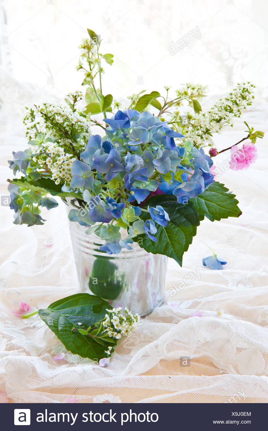 Bunter Blumenstrauss Mit Hortensien In Vintage Zinkeimerchen Stock Photo Alamy