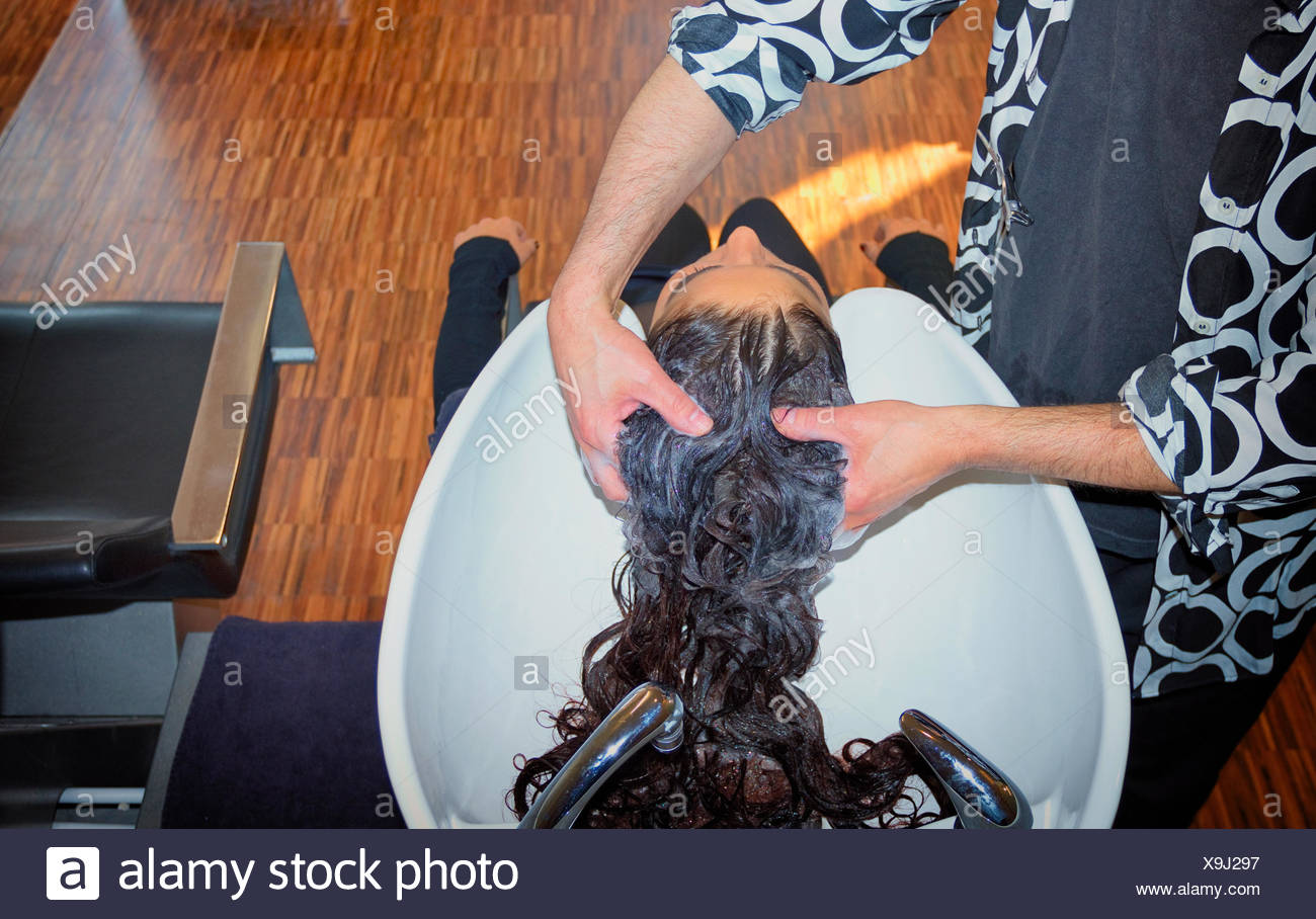 Hairdresser Washing Shampoo Hair Customer Sink Stock Photo