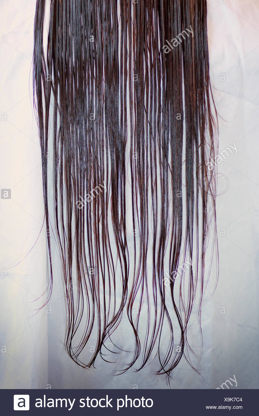 Close Up Straight Wet Long Dark Hair Hairdressers Stock Photo
