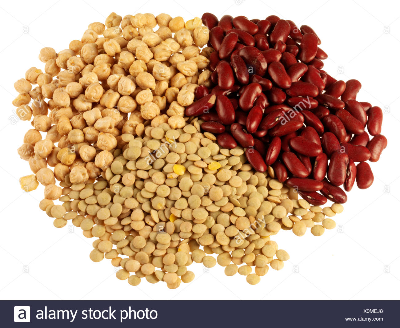 Mixed Pulses Green Lentils Red Kidney Beans And Chickpeas Stock Photo Alamy