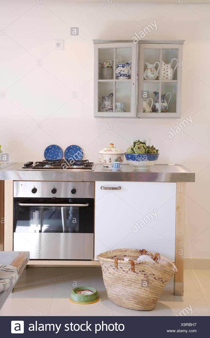 Small Painted Wall Cupboard Fridge And Stainless Steel Oven In