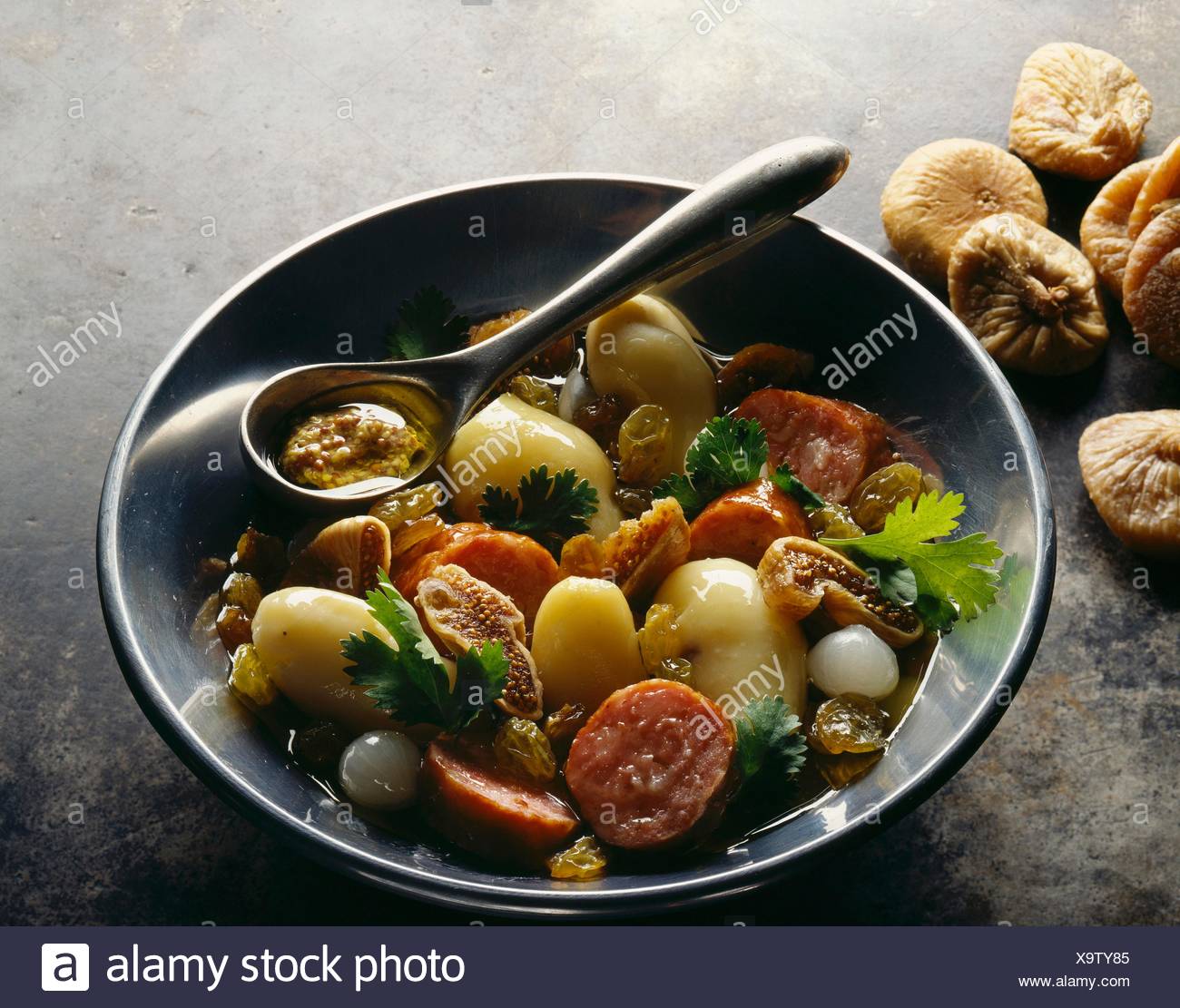 Potato Salad With Montbeliard Sausage Raisins And Dried Figs Stock Photo Alamy