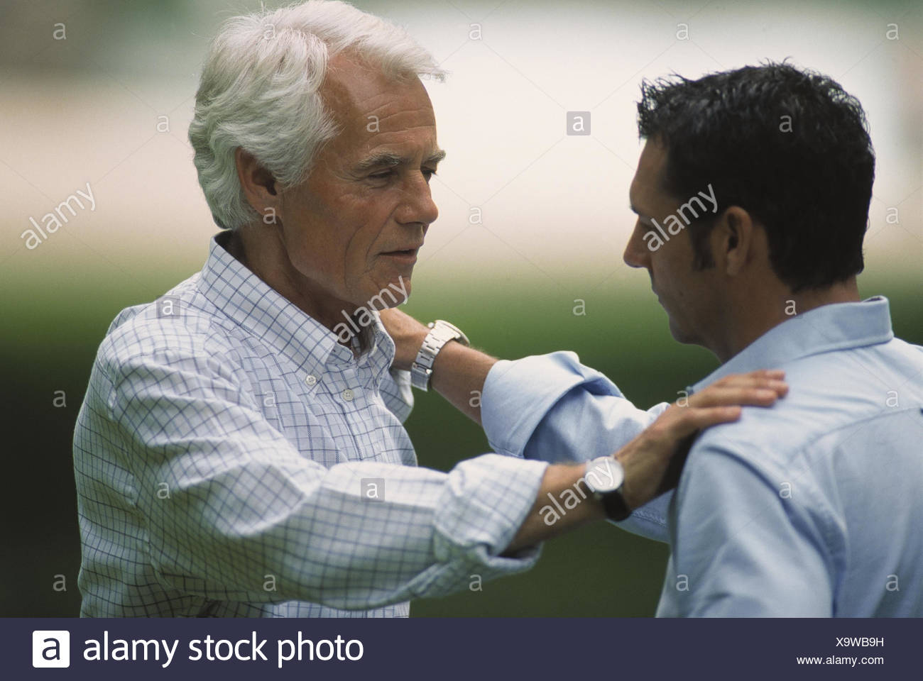 Meadow, father, son, touch, shoulder, eye contact, portrait, model ...