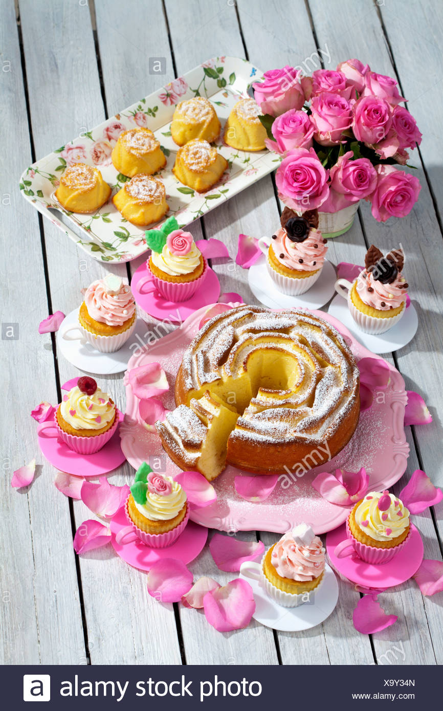 Birthday Cake Cupcakes Muffins And Flower Vase Of Pink Roses On