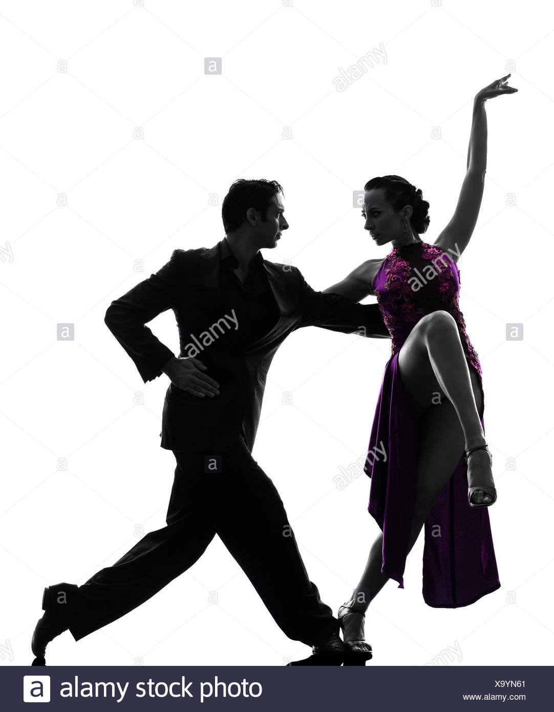 One Caucasian Couple Man Woman Ballroom Dancers Tangoing In