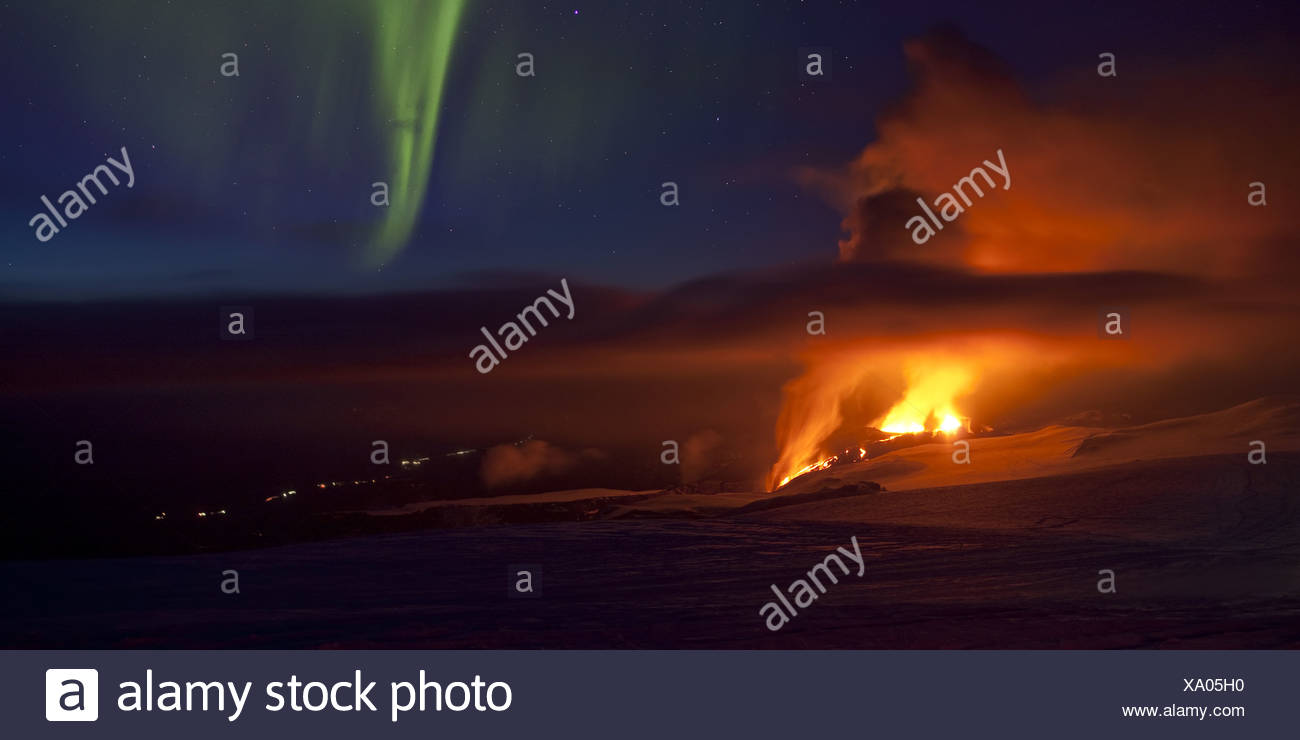 Auroras With Volcano Eruption In Iceland At Fimmvorduhals A Ridge Between Eyjafjallajokull Glacier And Myrdalsjokull Glacier Stock Photo Alamy