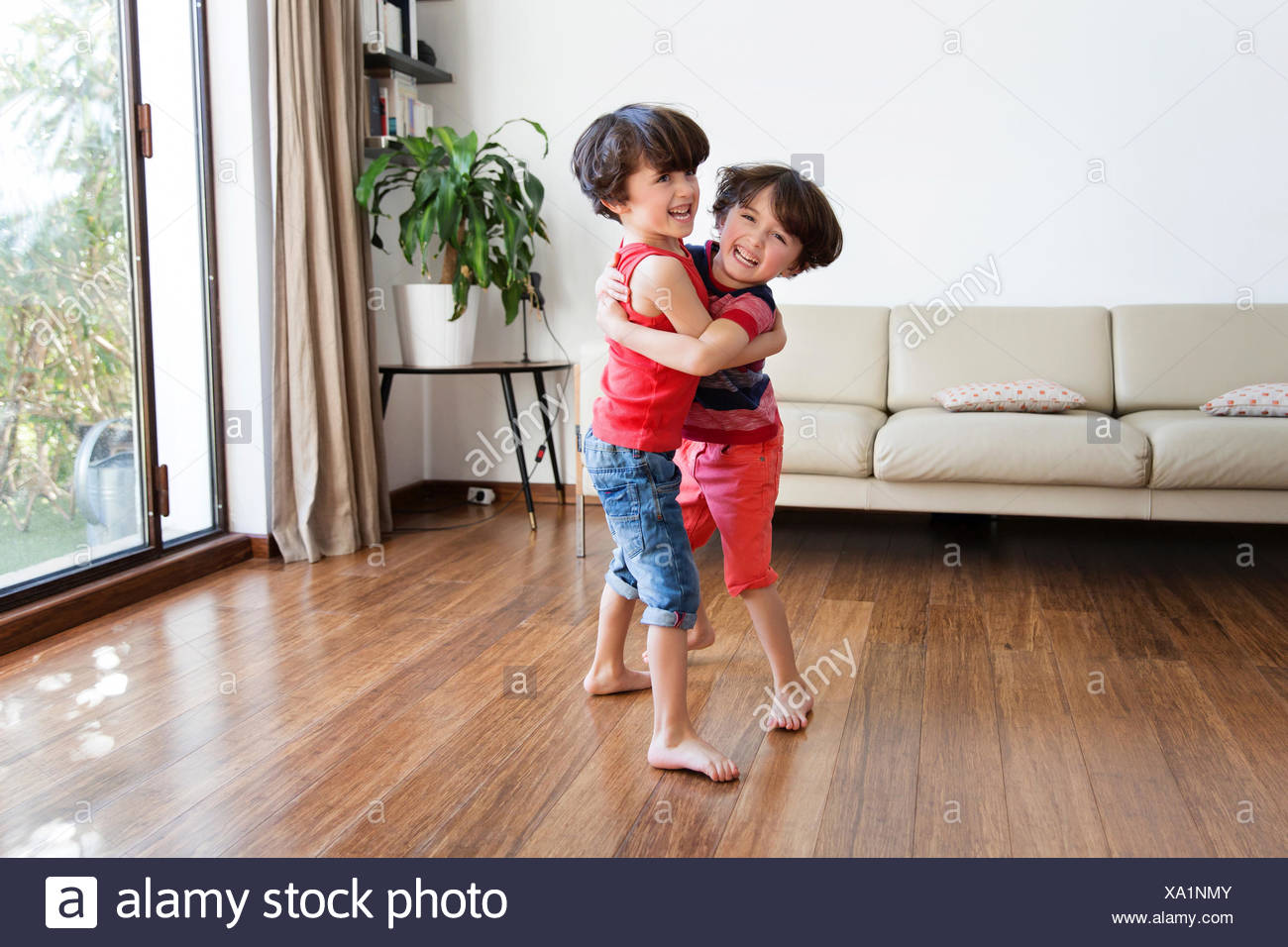 Twin Brothers Playfighting In The Living Room Stock Photo