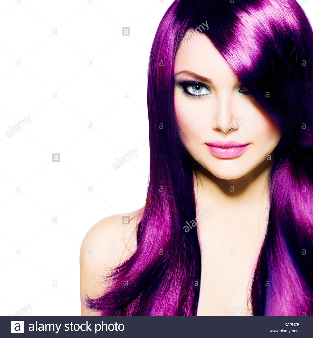 Beautiful Girl With Healthy Long Purple Hair And Blue Eyes Stock