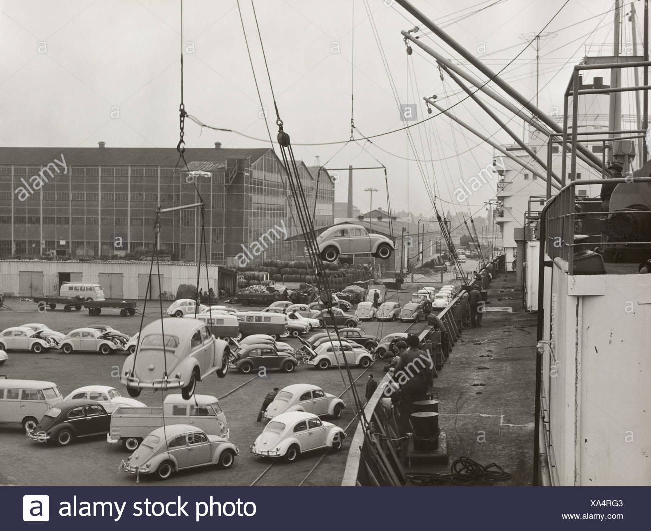 Germany Harbour Freighter Cranes Workers Vw Beetle Load B W