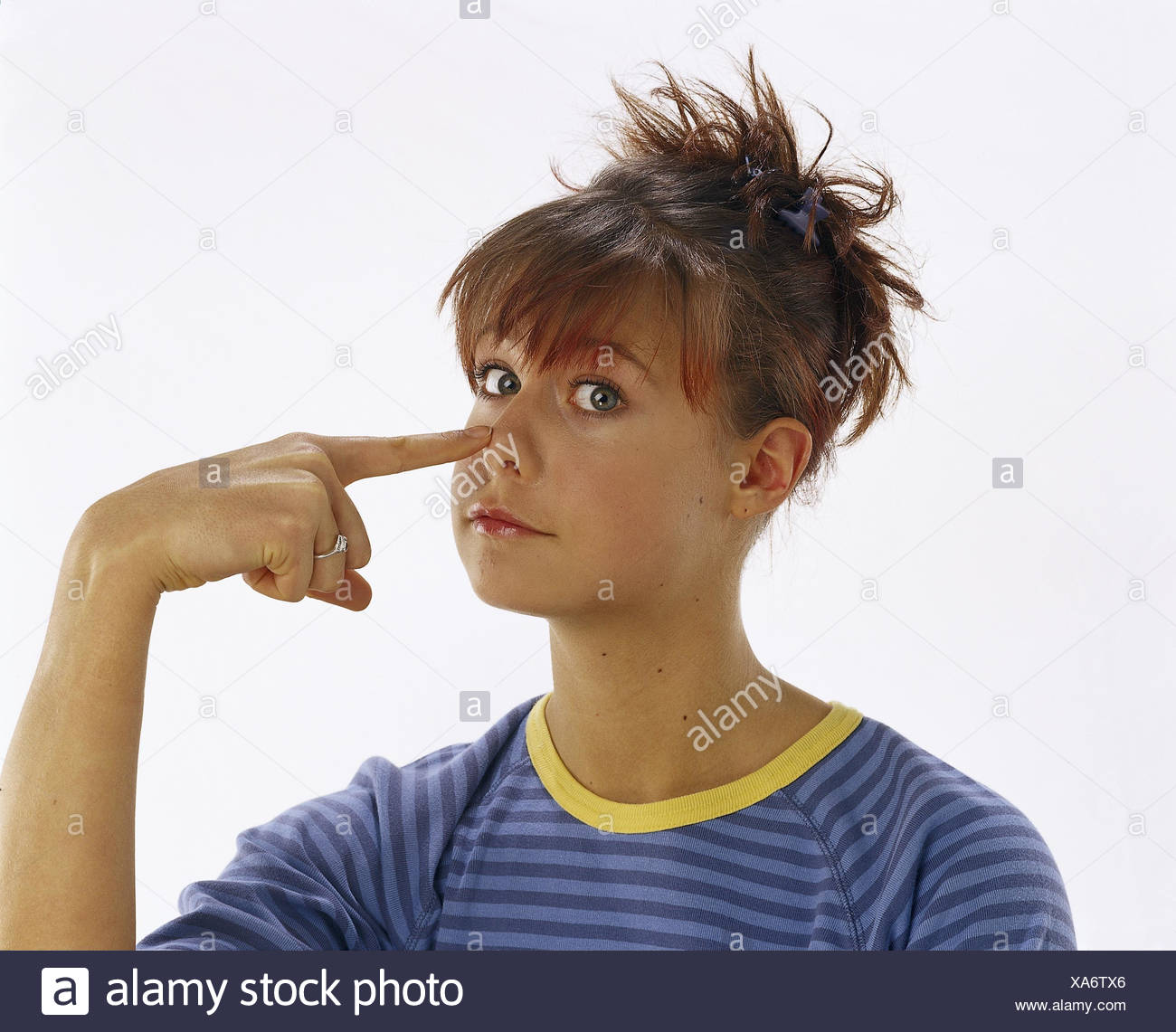 Teenager S Girls Gesture Forefinger Touch Nasal Point
