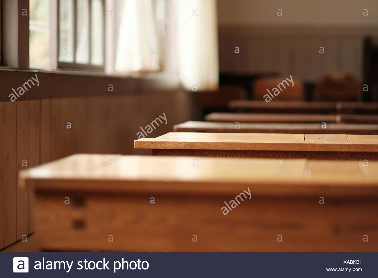 Wooden Benches In School Stock Photo Alamy