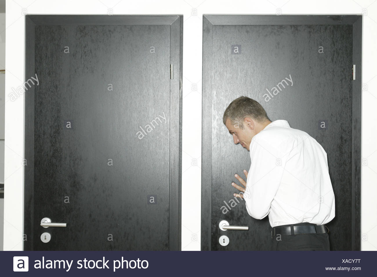 Room Doors Closed Man Curiosity Listen In Eavesdrop On Detail