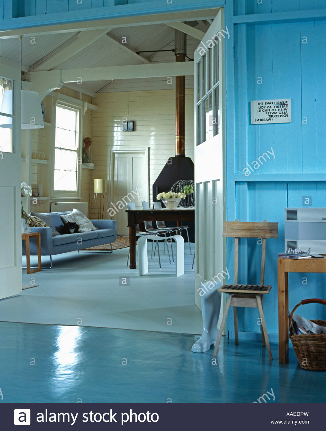 Blue Painted Cottage Hall With Turquoise Blue Vinyl Floor And