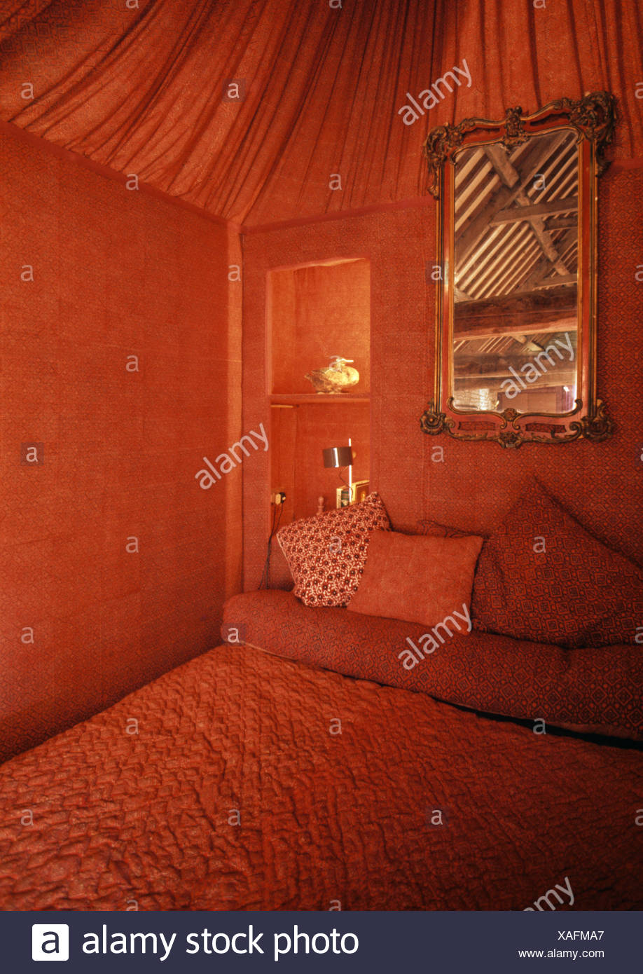 Tented Fabric Ceiling In Red Sixties Bedroom Recess With