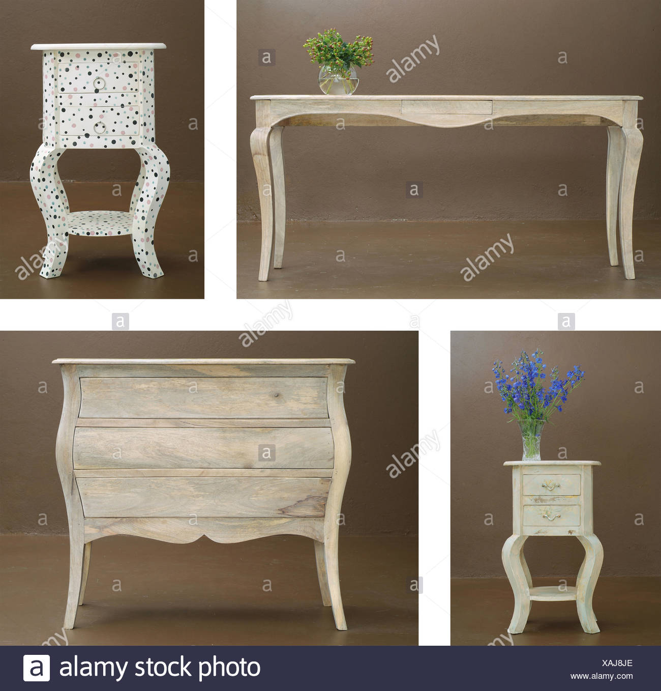 Combination Collage Various Wooden Table And Dresser Stock Photo