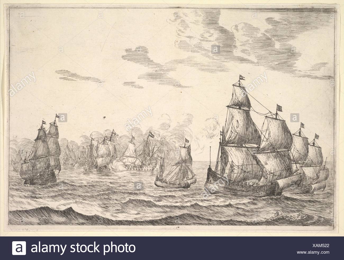 Naval Battle Scene. Artist: Reinier Nooms, called Zeeman (Dutch, Amsterdam ca. 1623-1664 Amsterdam); Date: 17th century; Medium: Etching; Dimensions: Stock Photo