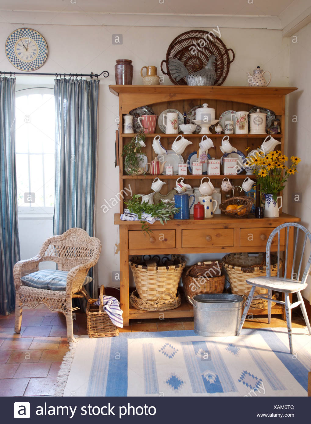 Old Pine Dresser With Collection Of Pottery And China In French
