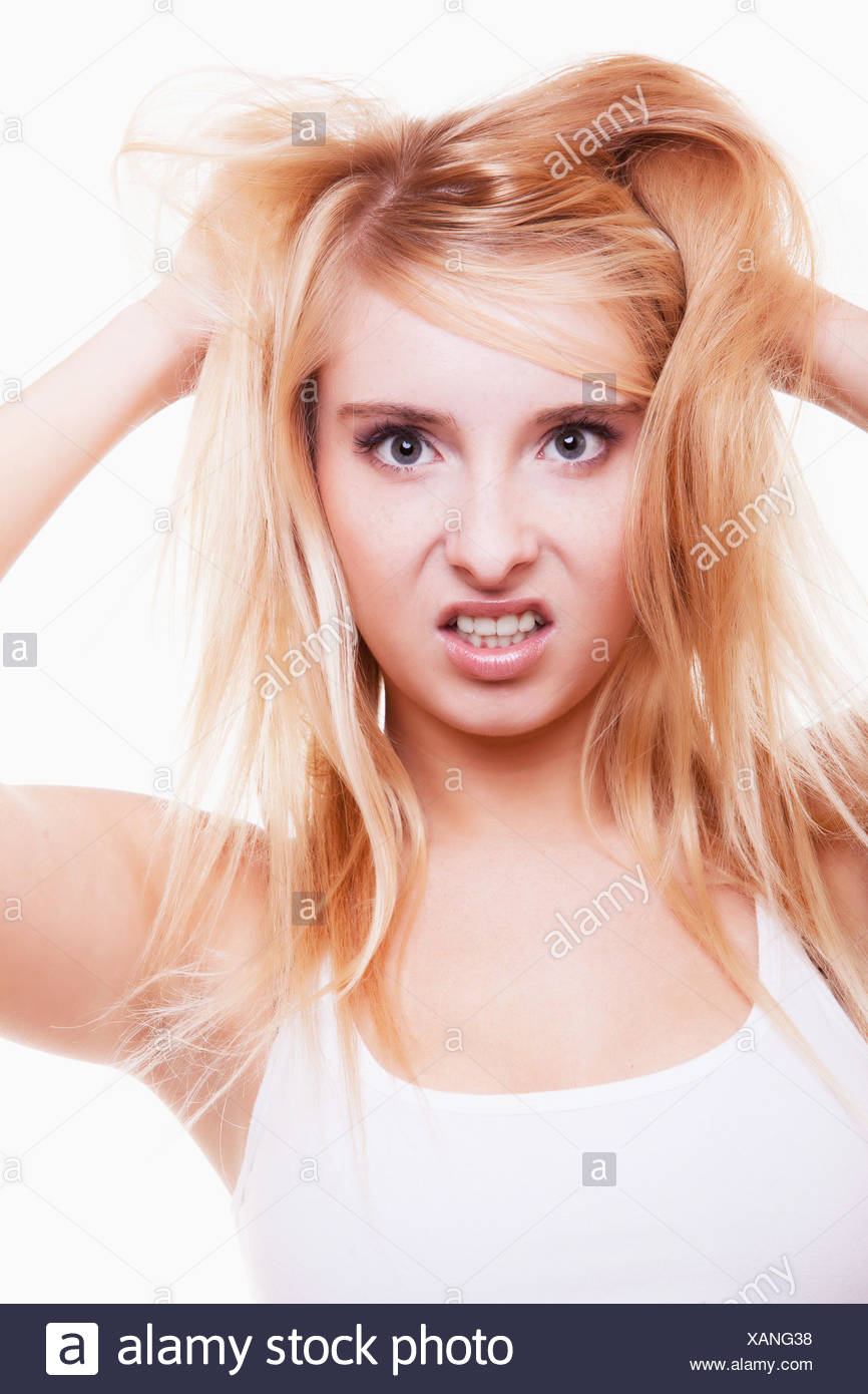 Stress Young Woman Frustrated Pulling Her Hair On White Stock