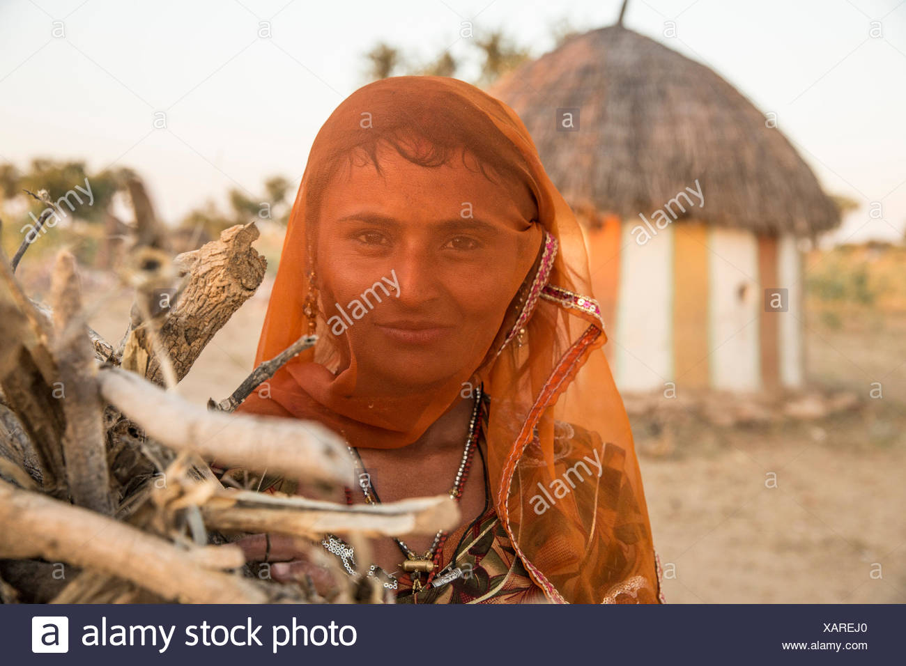 Indian, woman, India, veil, hut, Asia, Stock Photo
