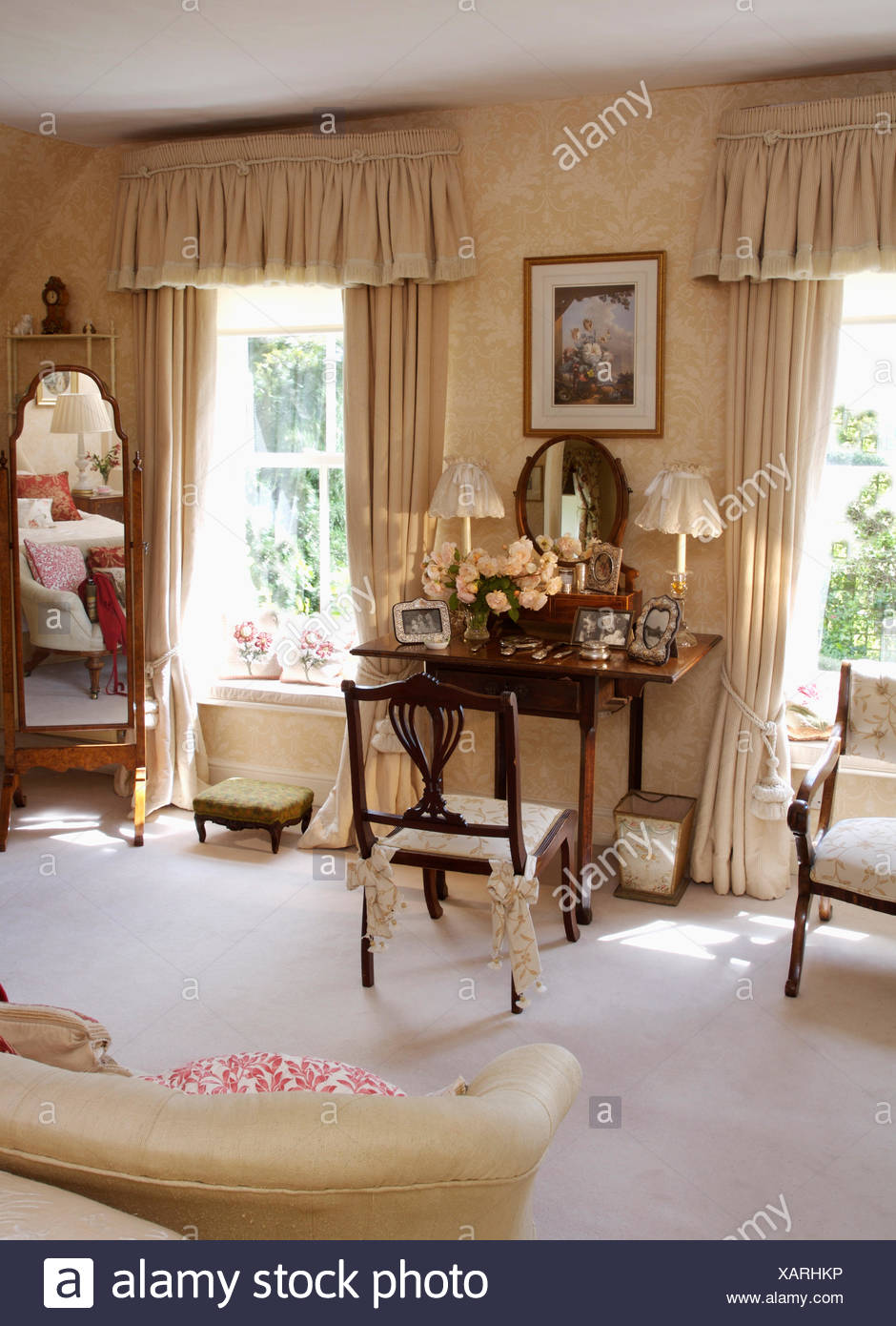 White Carpet In Cream Country Bedroom With Antique Furniture