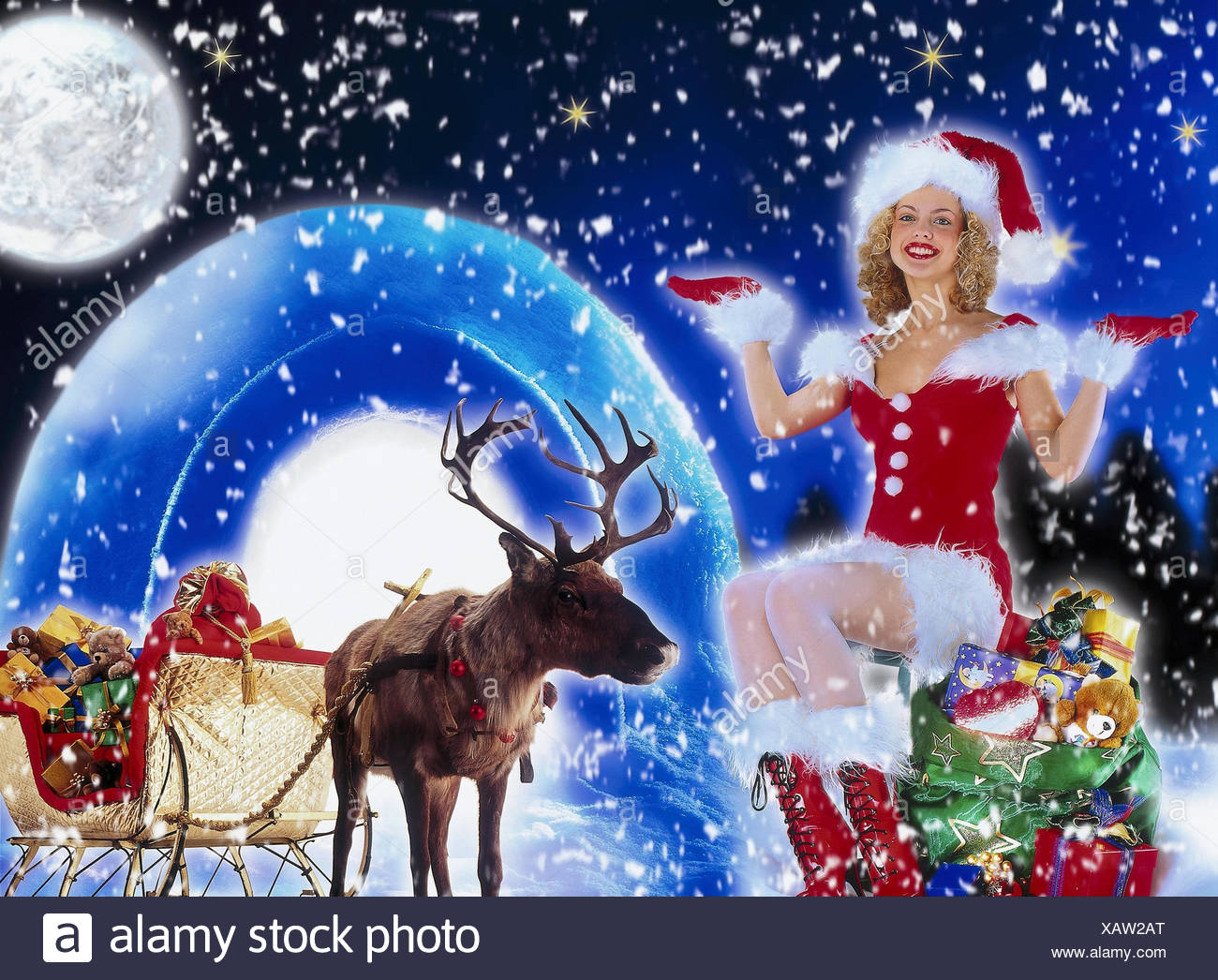 Moon Santa Claus High Resolution Stock Photography And Images Alamy https www alamy com christmas woman lining santa claus gesture igloo pensioners slide night composing snowfall winter christmas woman full moon image282063120 html
