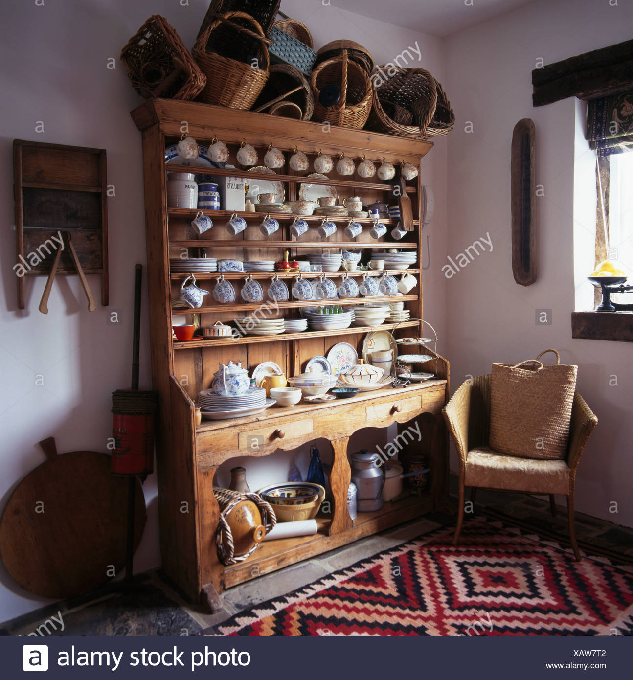 Collection Of Vintage Baskets On Large Antique Pine Dresser With