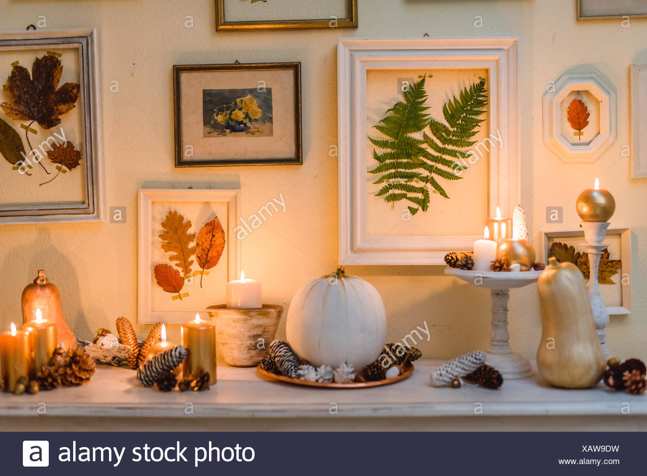 Console Table Detail Autumnal Decoration Candles Picture Frames Leaves Stock Photo Alamy