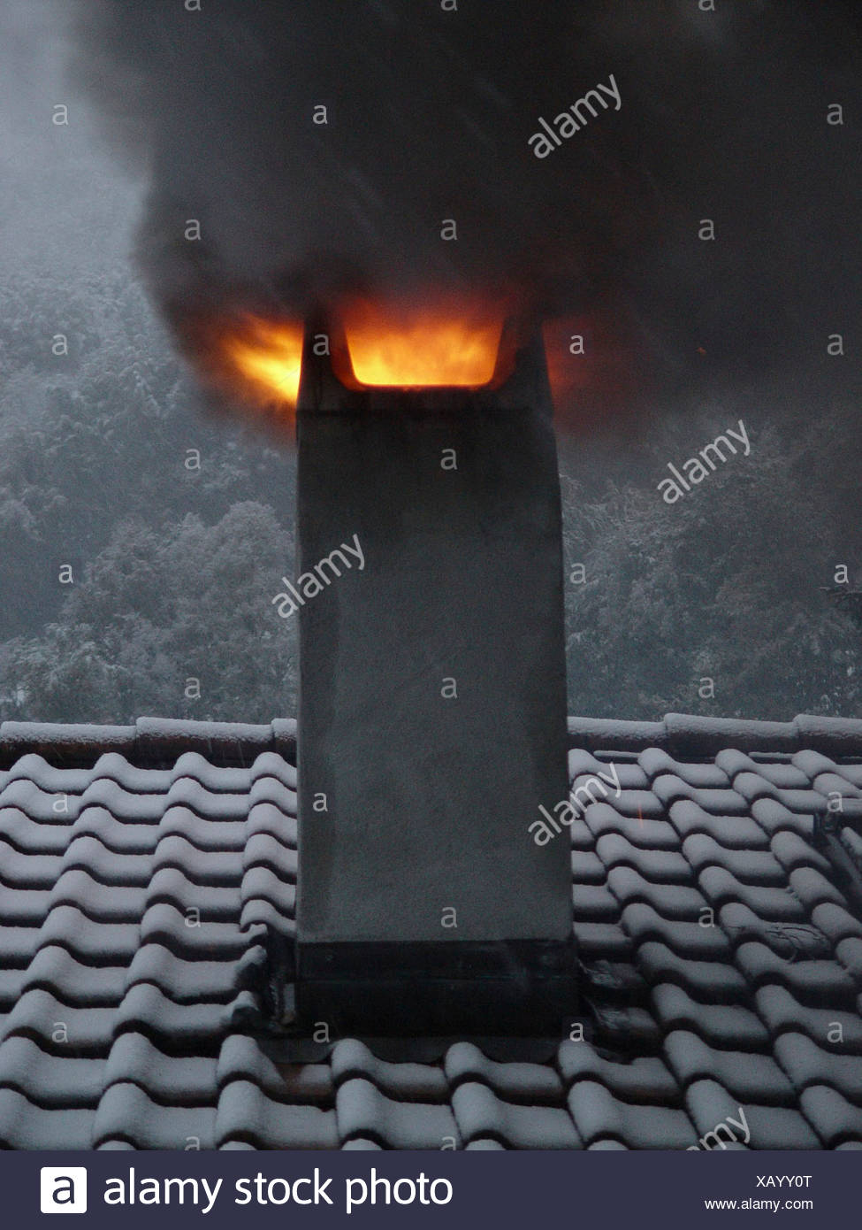 Chimney Chimney Fire Fire Fireplace Home House Roof Smoke Snowfall