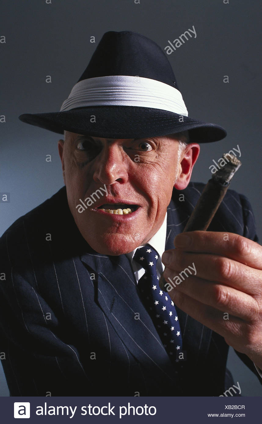 Man, care, cigar, facial play, menacingly, half portrait, boss, mafioso, crook, pinstripe suit, nicotine, aggressively, aggression, threaten, threat, nastily, inside, studio, portrait, Stock Photo
