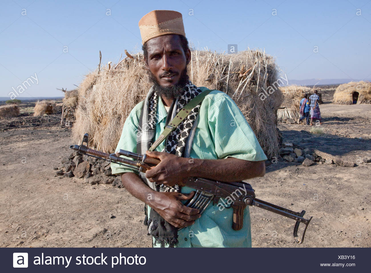 Volcano, Ertale, volcanical, Africa, hut, guard, man, submachine gun Stock Photo