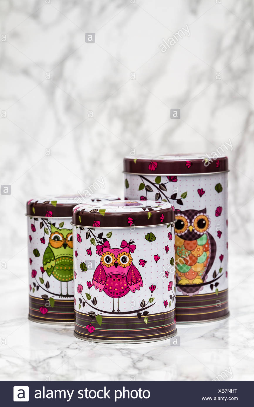 Decorative Tin Boxes With Owl Pattern Stock Photo 282297732 Alamy