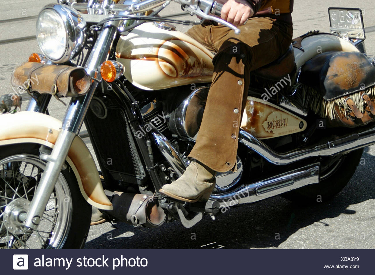 airbrush boots detail driver Harley Davidson leather legs Lifestyle man  motorbike motorcycle Switzerland Stock Photo - Alamy