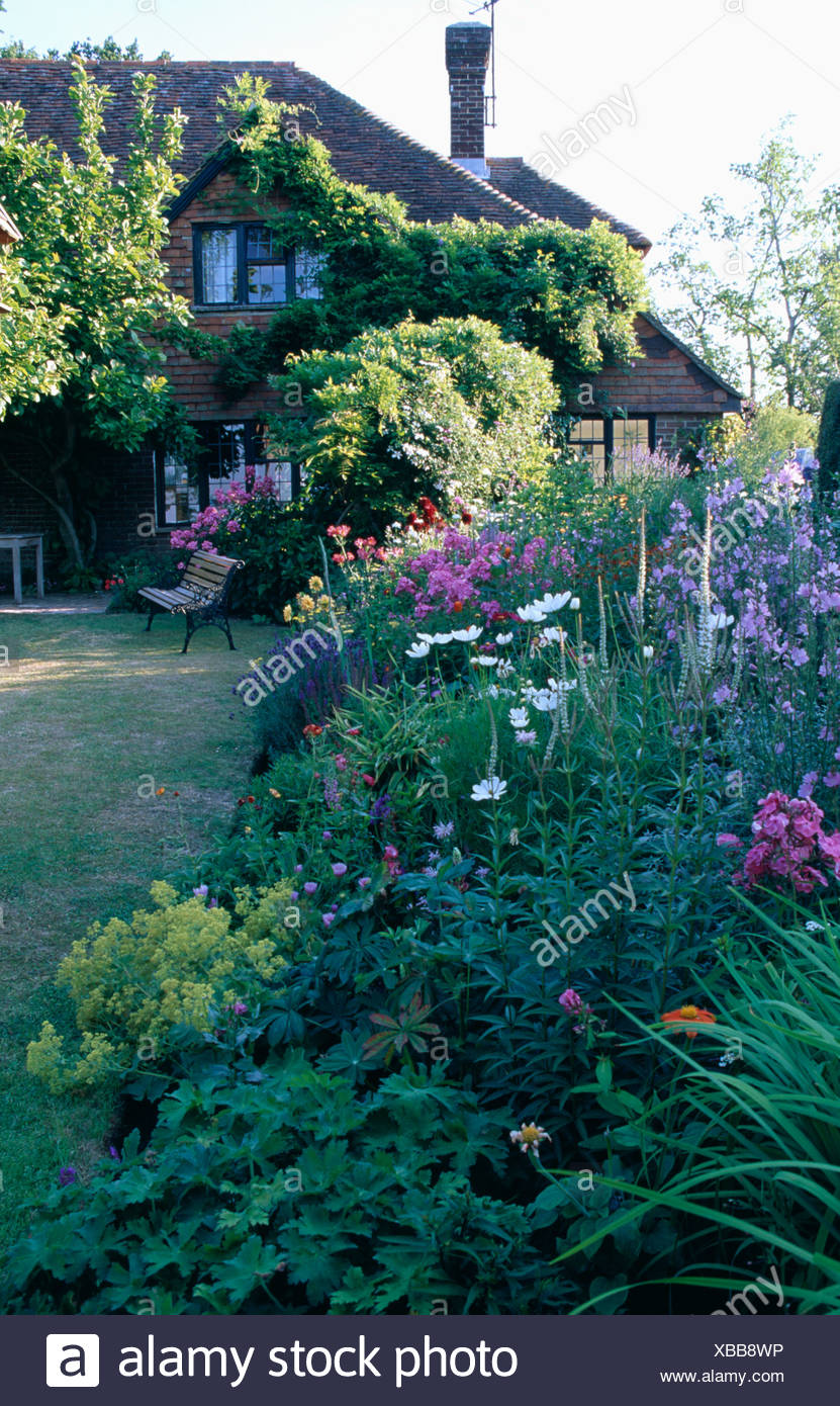 Summer Perennials In Border Beside Lawn In Front Of Country