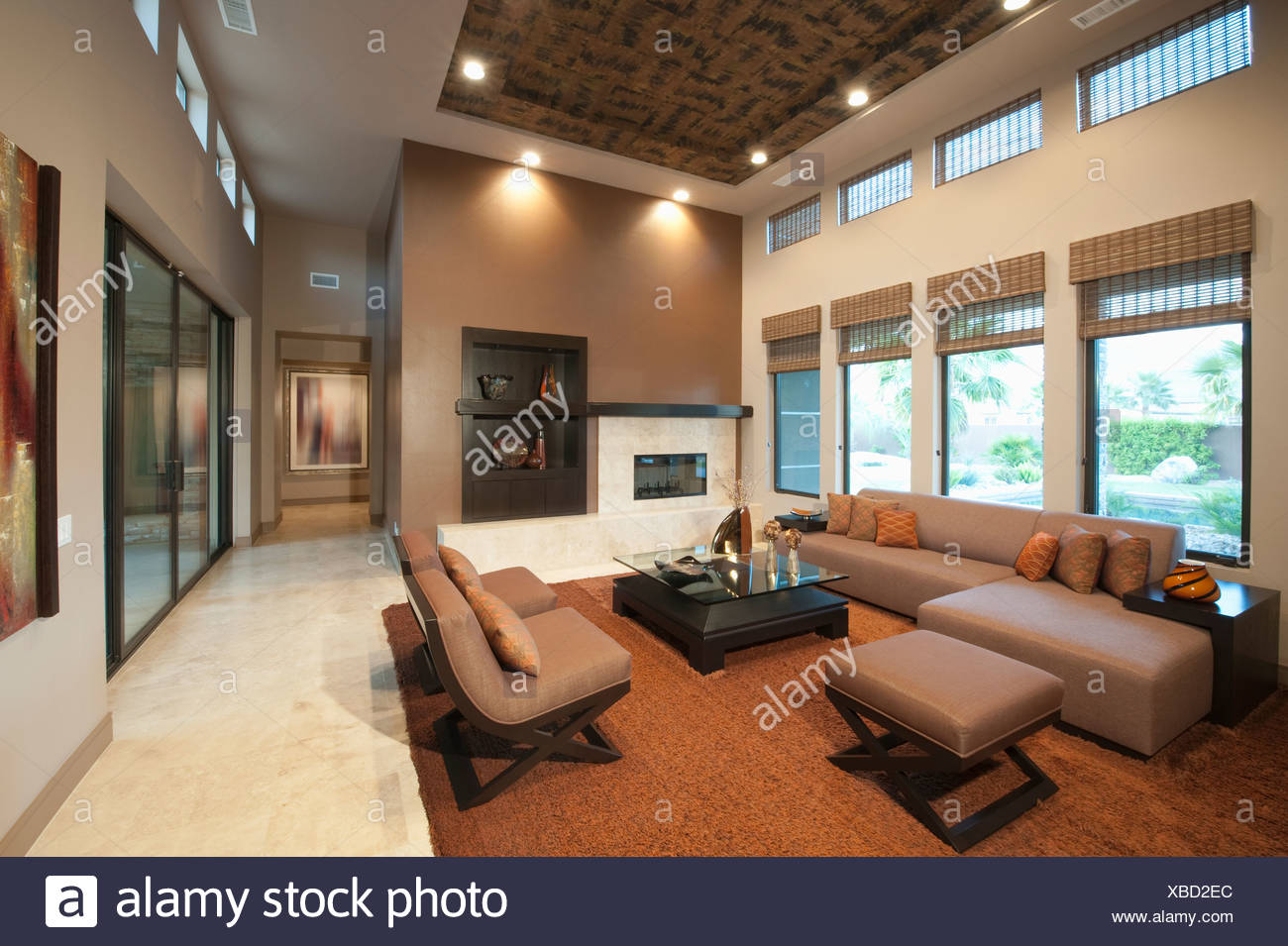 Spacious Living Room With Double Height Ceiling Stock Photo