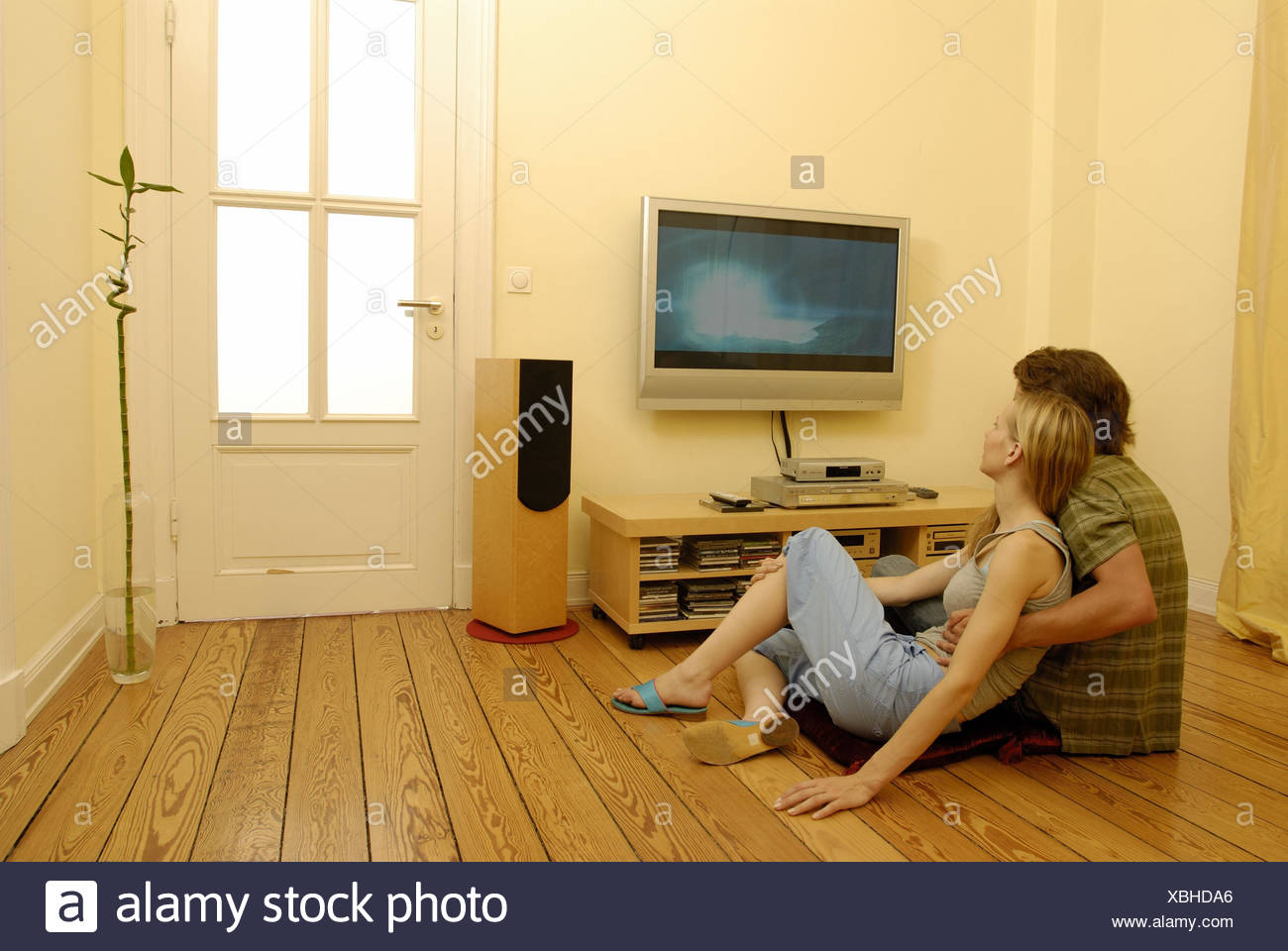 Couple Sit Young Floor Watch Tv Model Released Stock