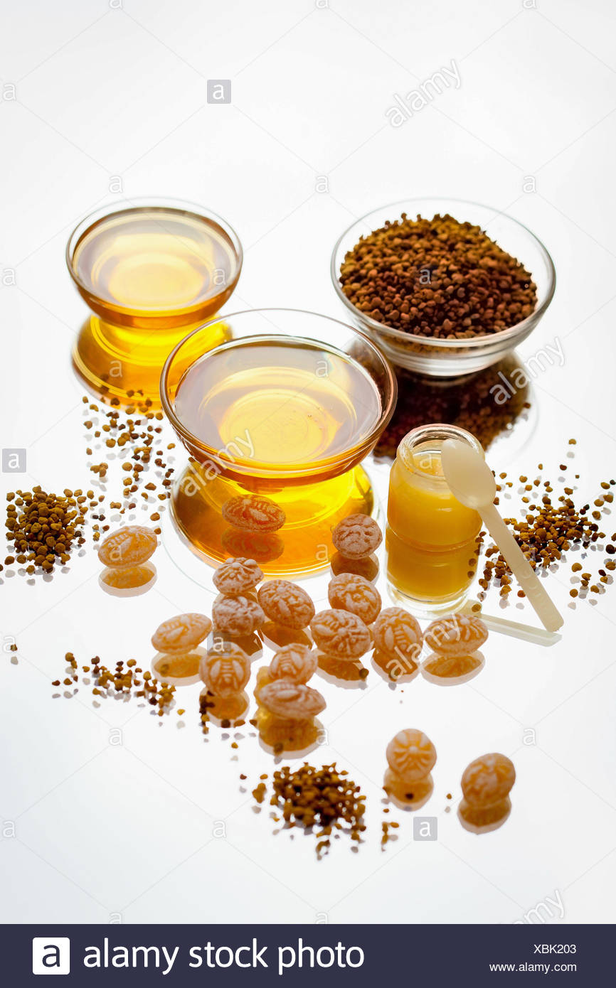 Various apiculture products: honey, royal jelly, pollen
