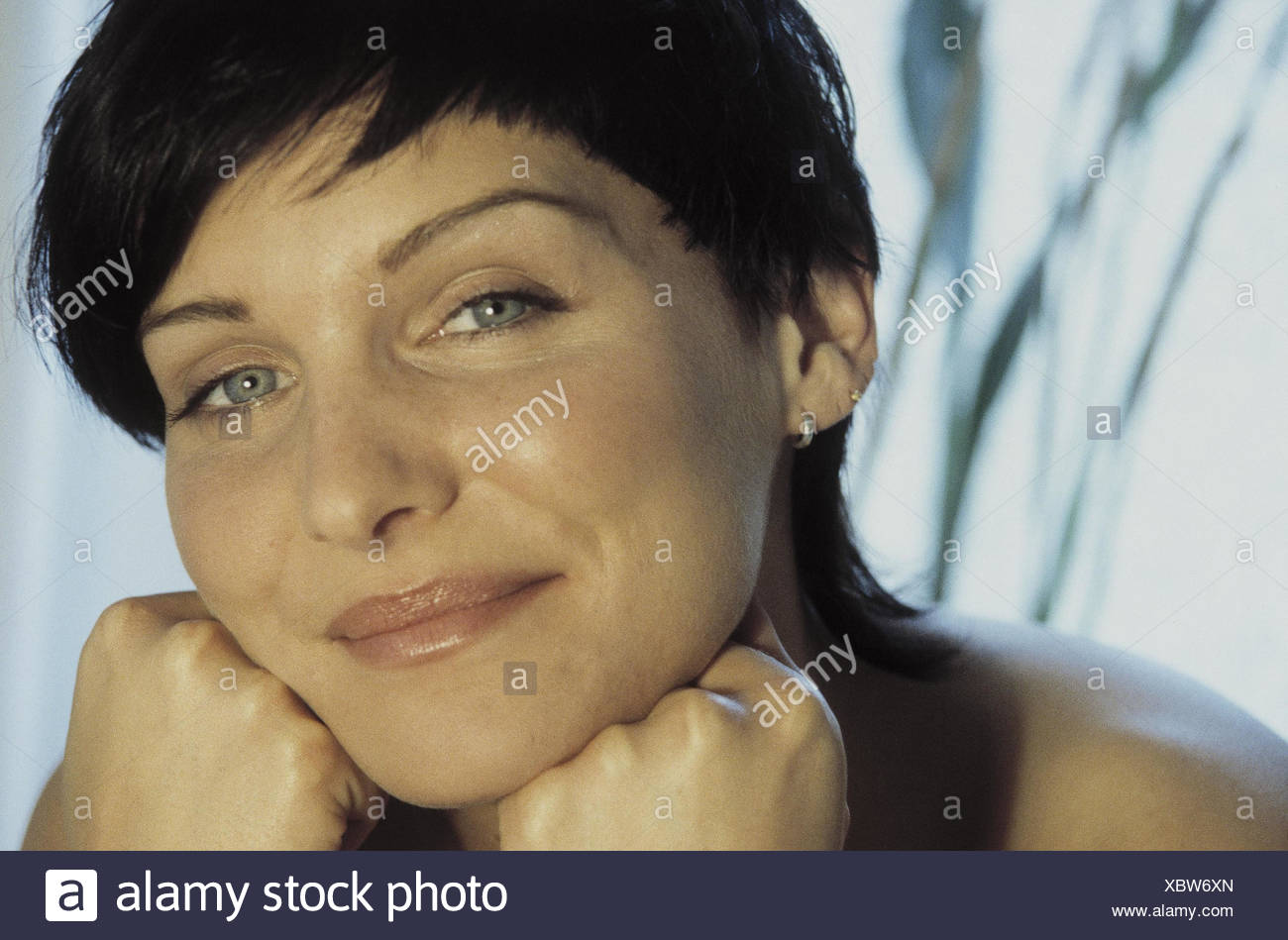 Woman Happy Head Rest On Portrait Smile Young Dark Haired
