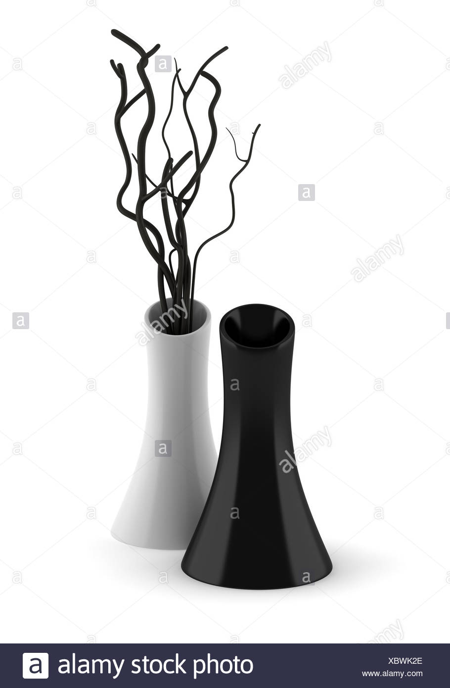 Black And White Vases With Dry Wood Isolated Stock Photo