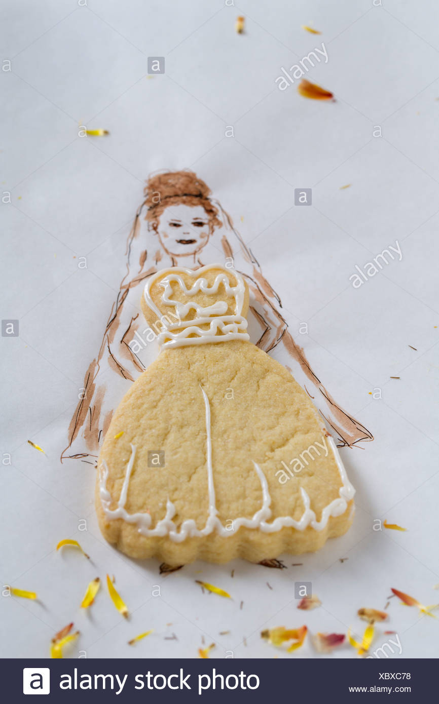 Cake In Shape Of A Wedding Dress And Ink Drawing Stock Photo