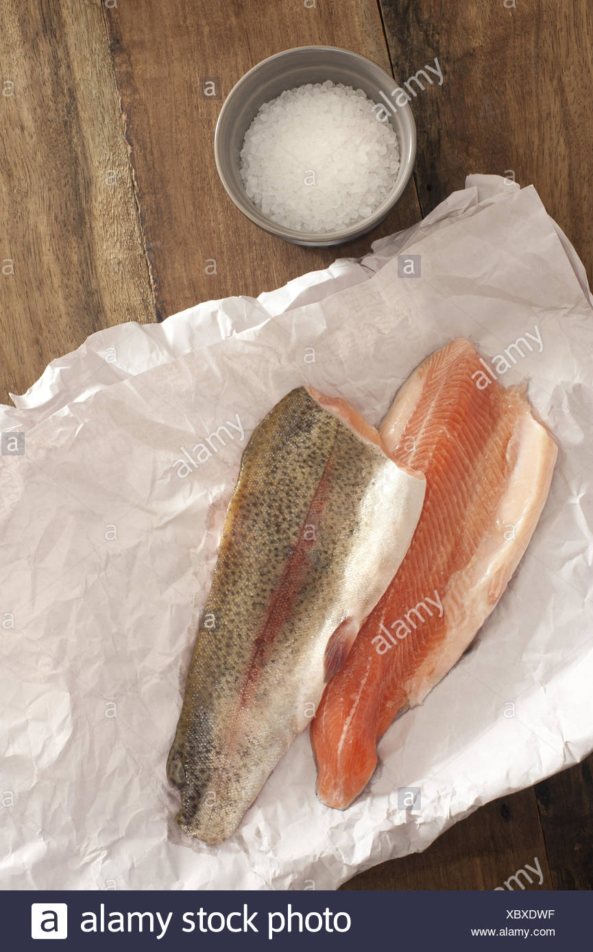 Rainbow Trout Meat On A Table With Salt Stock Photo 282708763 Alamy