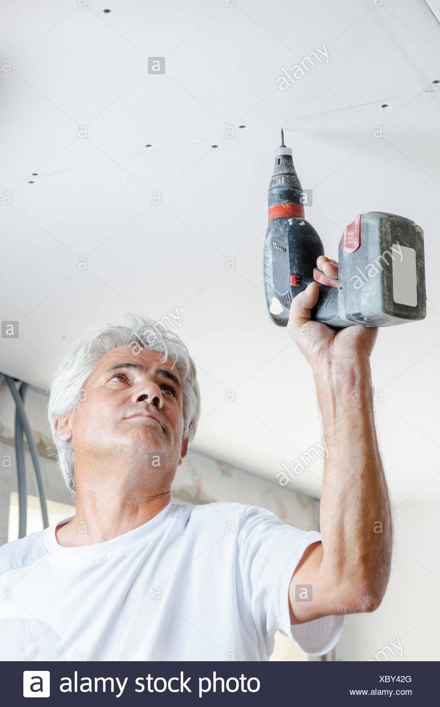 Man Screwing Plasterboard To Ceiling Stock Photo 282723016 Alamy
