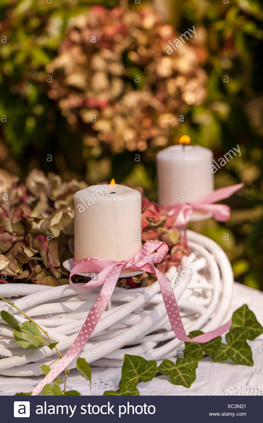 Material Wicker Candelabra Candles Ribbon Hydrangea Flowers