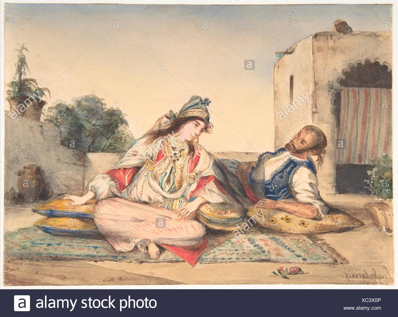 A Moorish Couple on Their Terrace. Artist: Eugène Delacroix (French, Charenton-Saint-Maurice 1798-1863 Paris); Date: 1832; Medium: Watercolor over Stock Photo