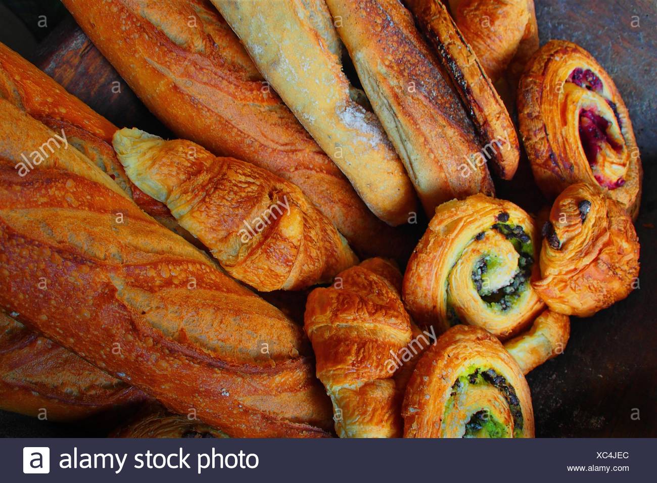Viennoiseries Pains Au Raisins Au Framboises And Baguettes Breads Gironde Aquitaine France Stock Photo Alamy