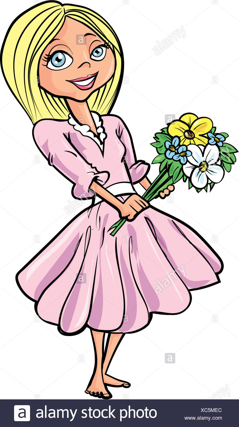 Cartoon Pretty Blond Girl With Flowers Isolated Stock Photo Alamy