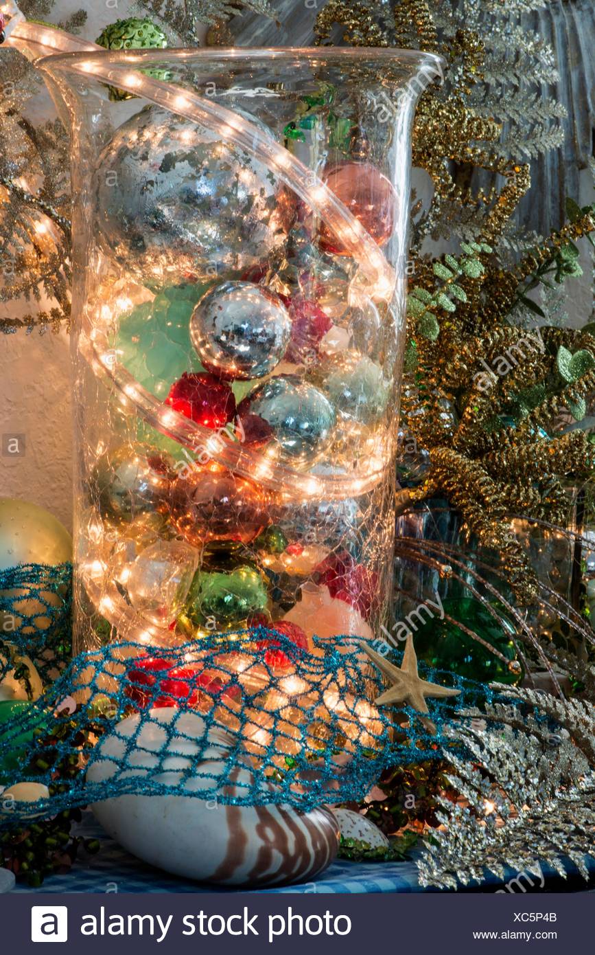 Christmas Decorations With Lights For Seashore In Hurricane Vase