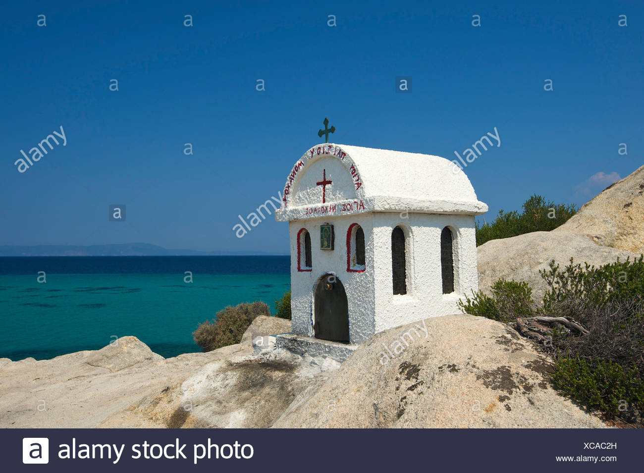 Chapel on the beach, Portokali Beach, Kavourotypes, Sithonia, Halkidiki, Greece, Europe Stock Photo