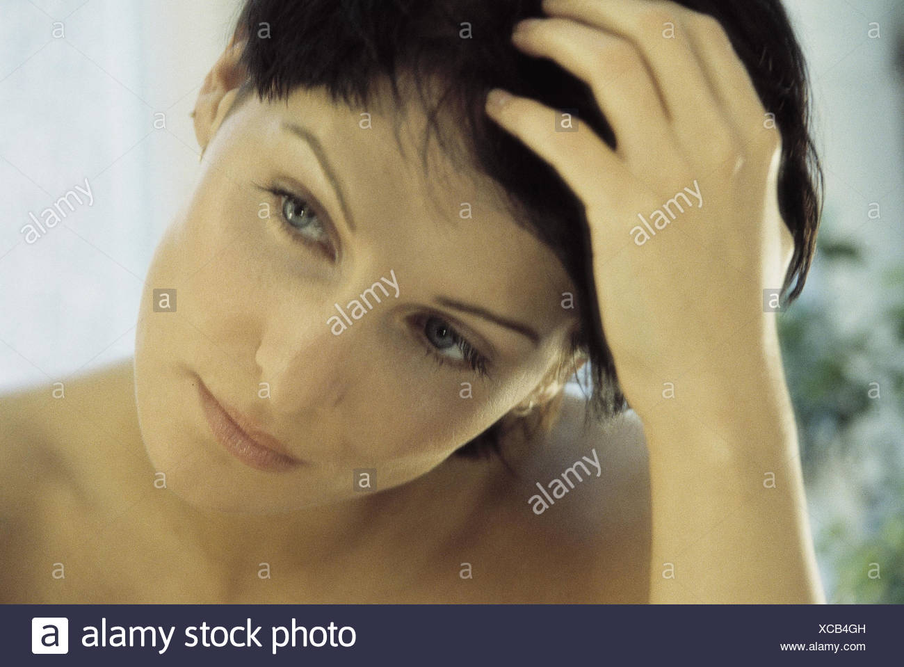 Woman Seriously Head Rest On Portrait Young Dark Haired