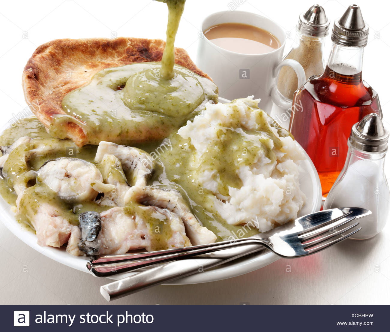 Mash And Eels With Parsley Liquor Sauce High Resolution Stock